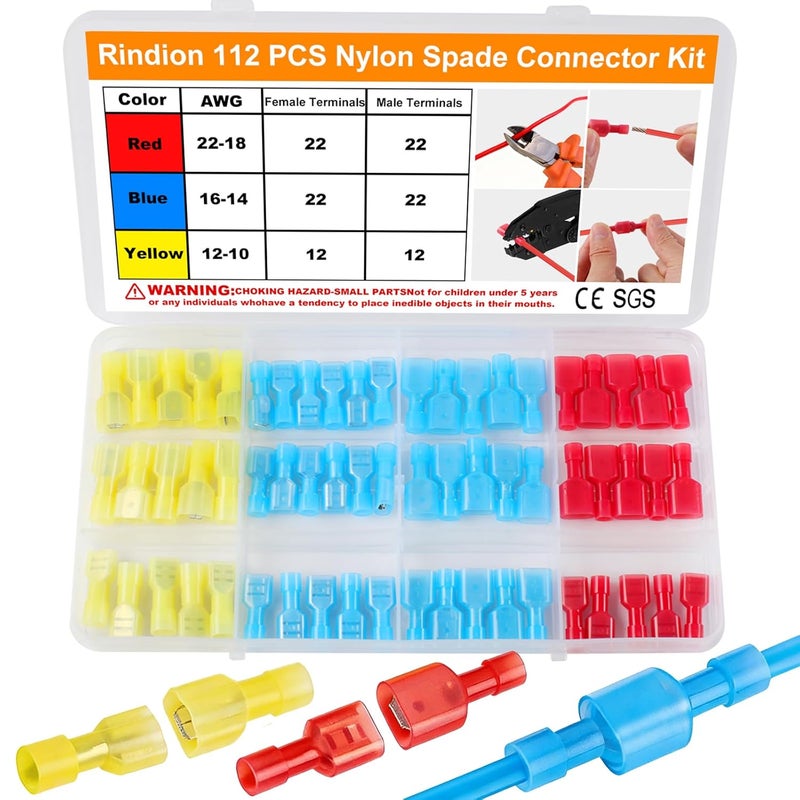 Rindion 112PCS Nylon Spade Connector Kit, 22-10AWG Quick Disconnect Wire Connectors, Male and Female Electrical Insulated Wire Crimp Terminal Assortment Kit - Image 1